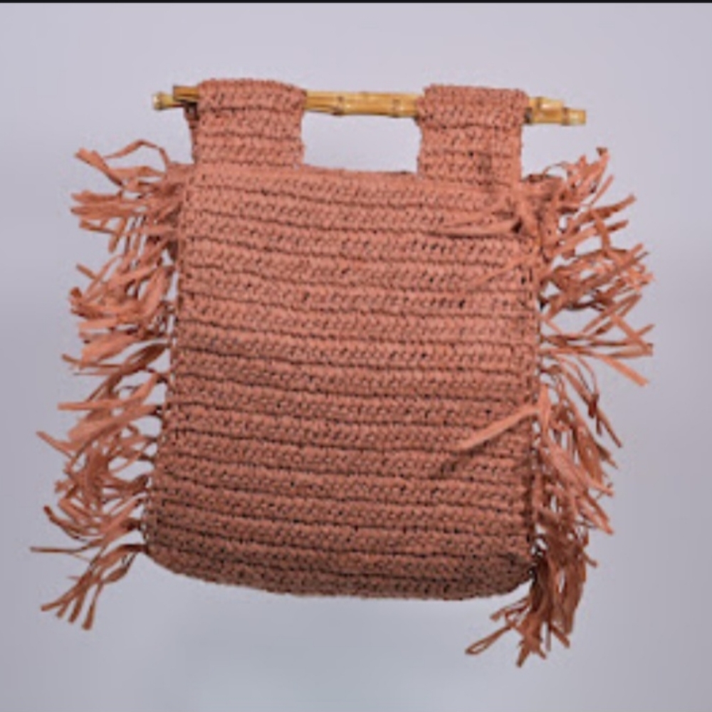NWT Melie Bianco “Casey” Straw Tote in Rust w/ Bamboo Handles & Fringe